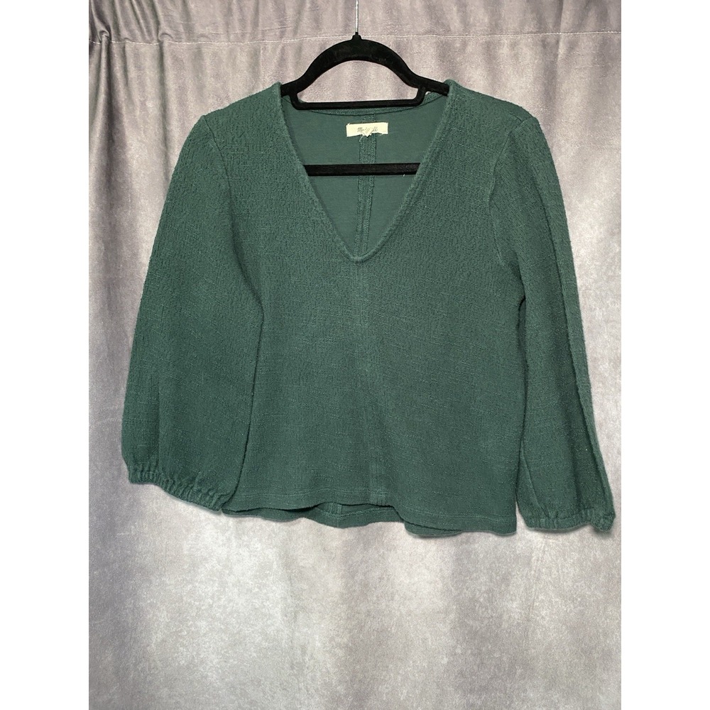 Madewell Women's M Hunter Green Texture & Thread Top V-Neck 3/4 Puff Sleeve Crop